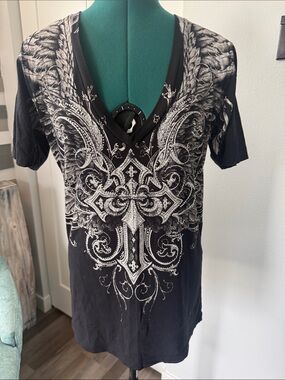 Affliction Black Tee with Silver Emblem and Flag Print